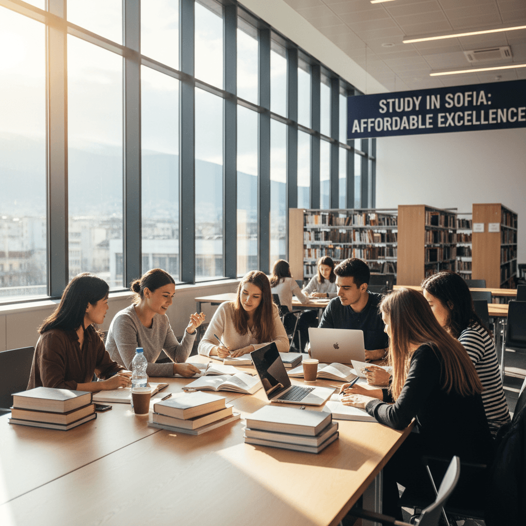 Diverse international students studying in a well-lit library in Sofia, Bulgaria