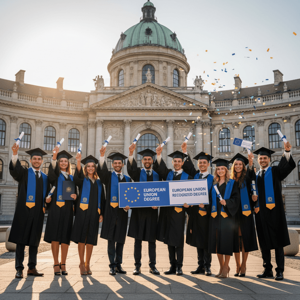 Diverse graduates on a European campus celebrate holding their diplomas
