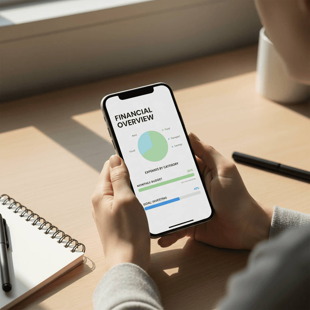 Young adult's hands holding smartphone displaying colorful expense tracking dashboard and budget charts in natural daylight