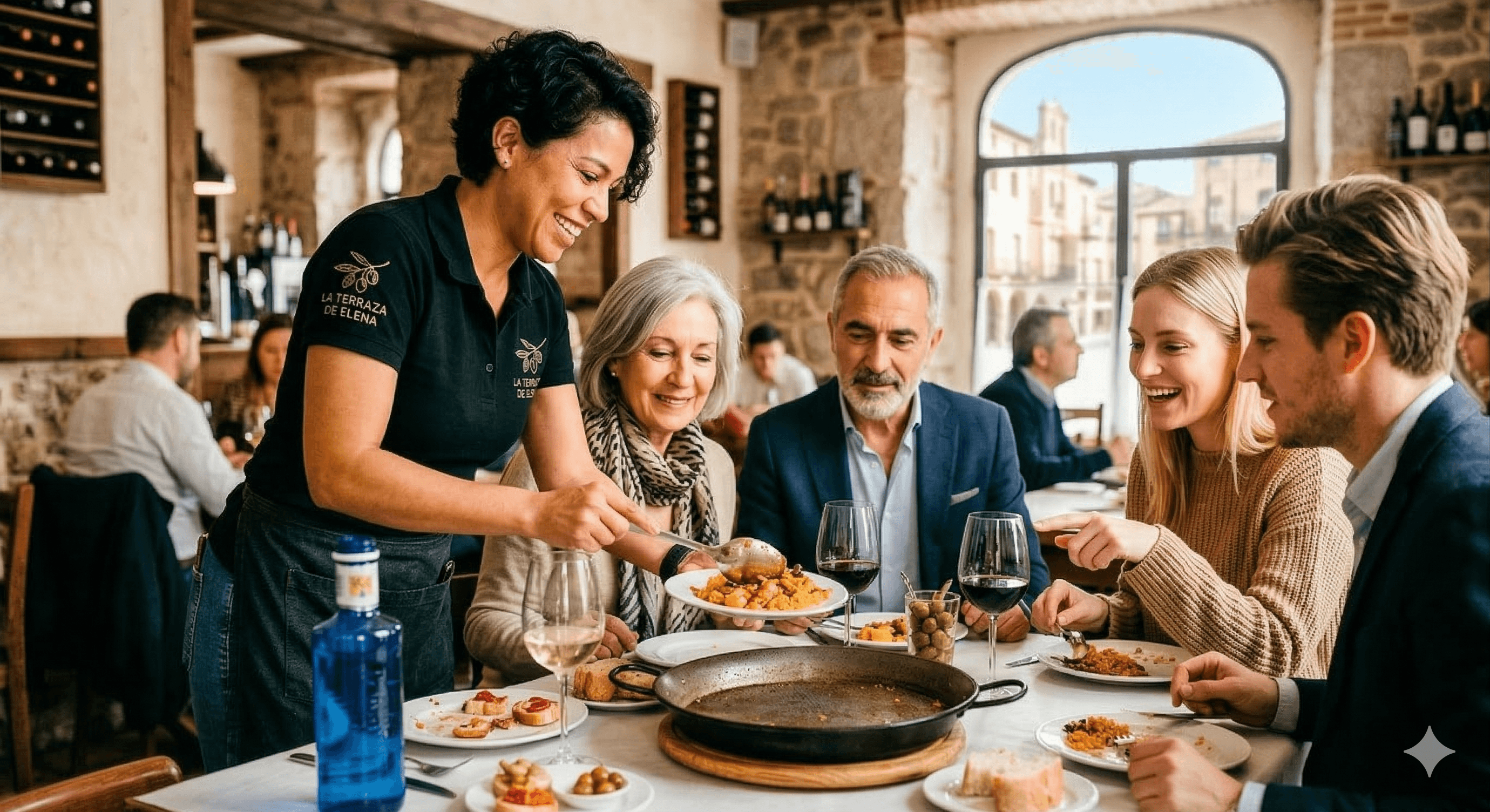 Smiling waitress serves paella to a group of four diners at a rustic restaurant table.