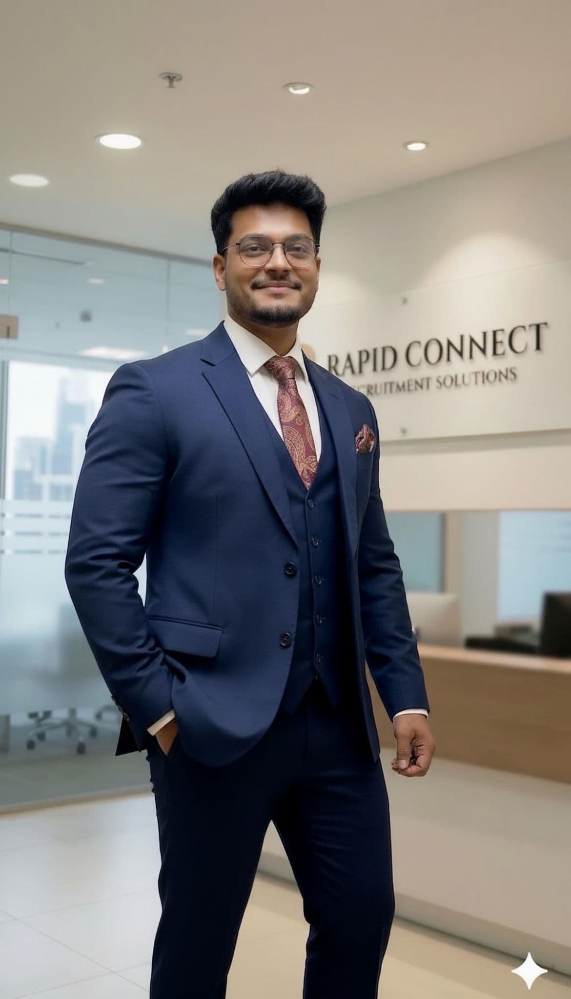 Smiling man with glasses wearing a navy three-piece suit in a modern recruitment office lobby.