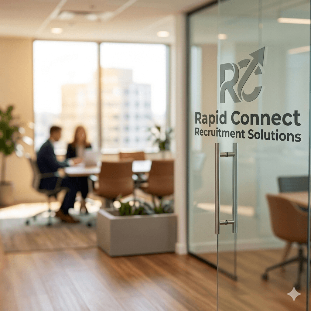 Glass door with Rapid Connect Recruitment Solutions logo, blurred professionals meeting in a bright office.