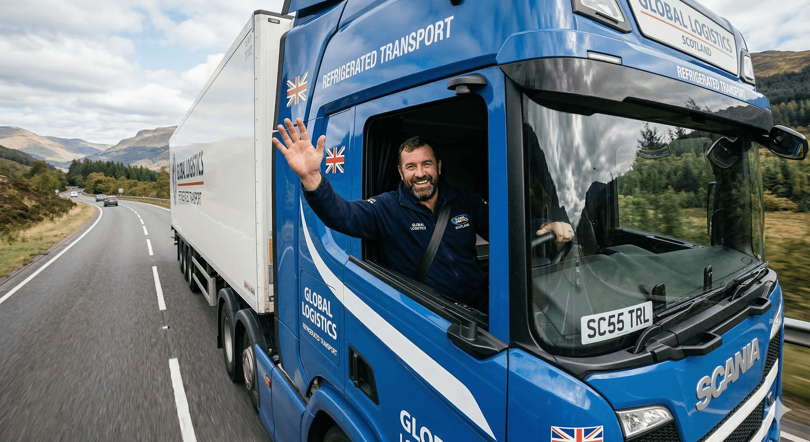 Smiling truck driver waving from a blue refrigerated transport truck on a scenic highway.